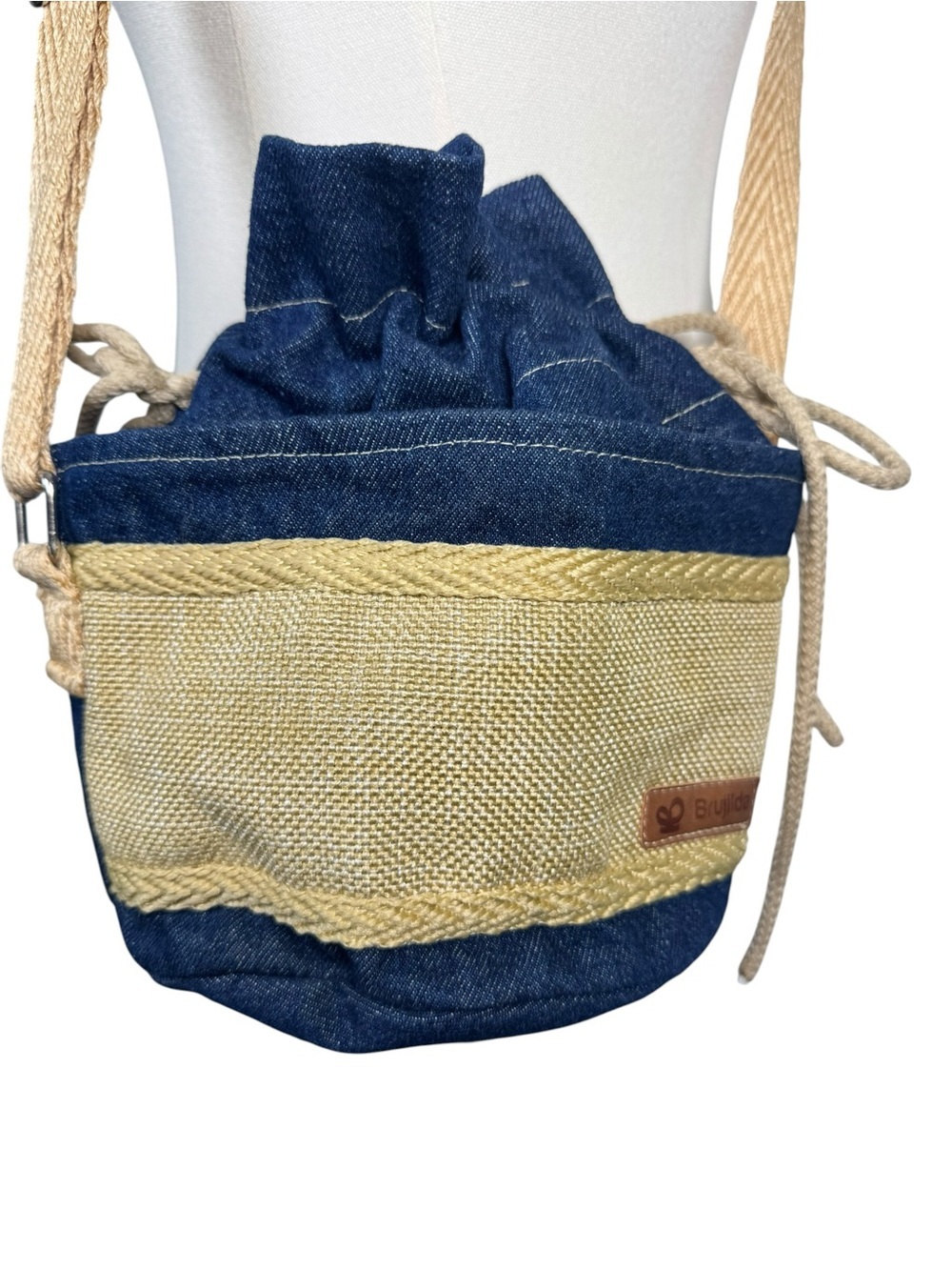Brujilda Candelaria Handmade Denim Deshilado Drawstring Bucket Crossbody Bag